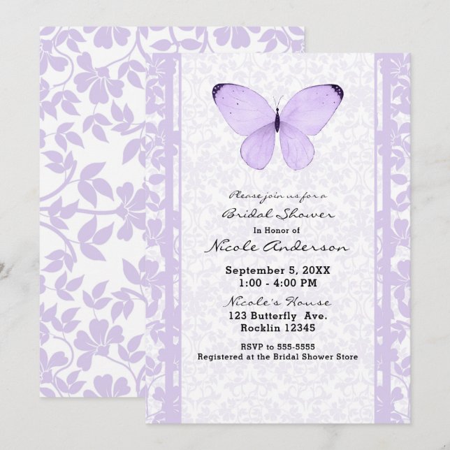 Lavender Purple Butterfly Floral Bridal Shower Invitation (Front/Back)