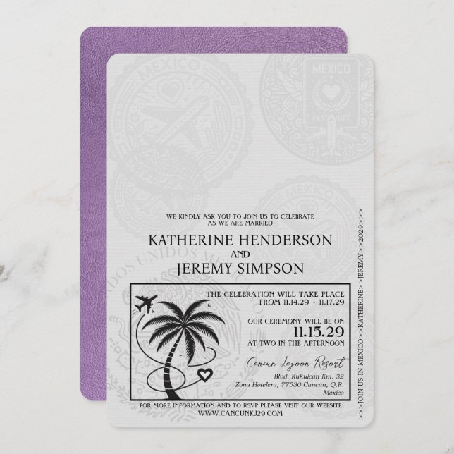 Lavender Purple Cancun Passport Wedding Invitation (Front/Back)