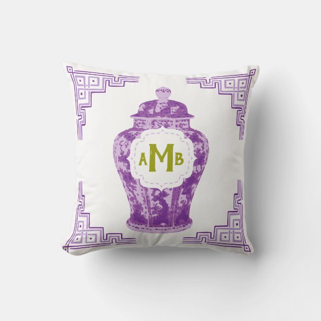 Lavender Purple Chinoiserie Ginger Jar Monogram Throw Pillow (Front)
