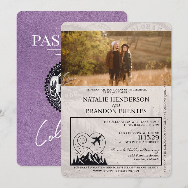 Lavender Purple Colorado Passport Wedding Invitation (Front/Back)