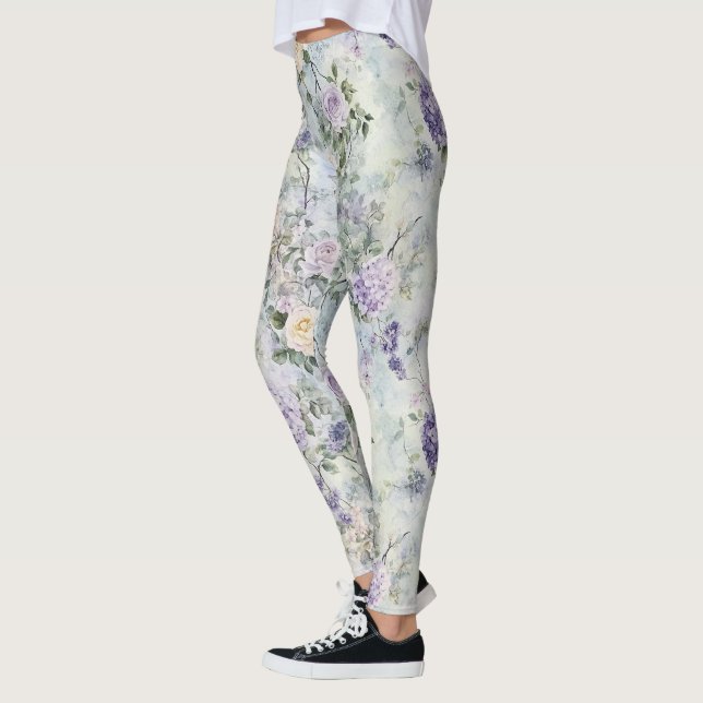Lavender Purple Cream Romantic Floral Leggings (Left)
