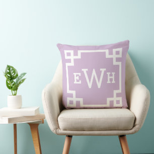 Lavender Purple Custom Greek Key Monogram Initials Throw Pillow