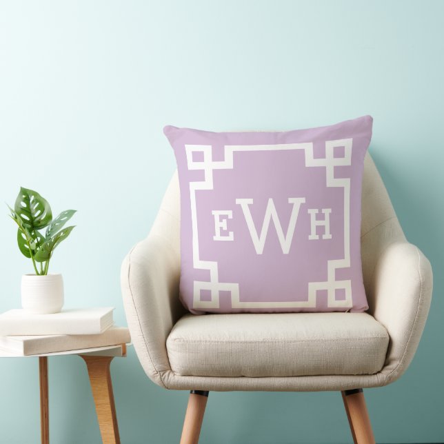 Lavender Purple Custom Greek Key Monogram Initials Throw Pillow (Chair)