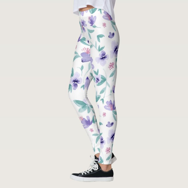 Lavender purple cute flowers pattern leggings (Left)