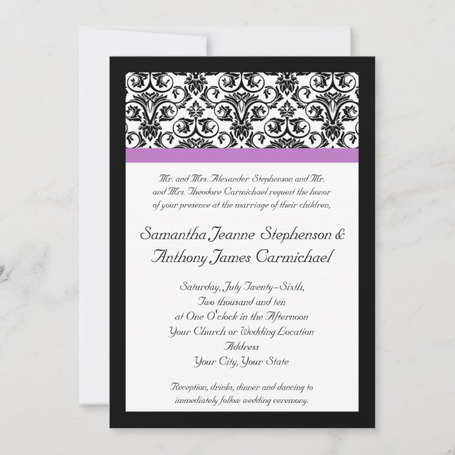 Lavender Purple Damask Black/White Invitation (Front)
