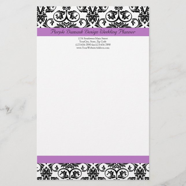 Lavender Purple Damask Black/White Stationery (Front)
