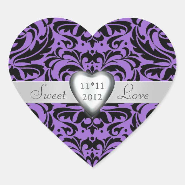 Lavender Purple Damask Candy Buffet Heart Sticker (Front)