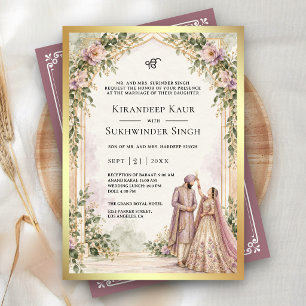Lavender Purple Floral Arch Sikh Wedding Invitation
