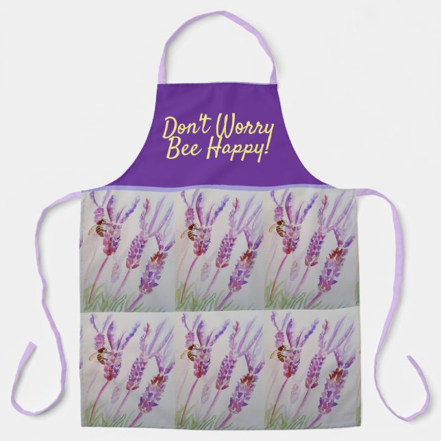 Lavender Purple Floral Art Don't Worry Bee Happy A Apron (Front)