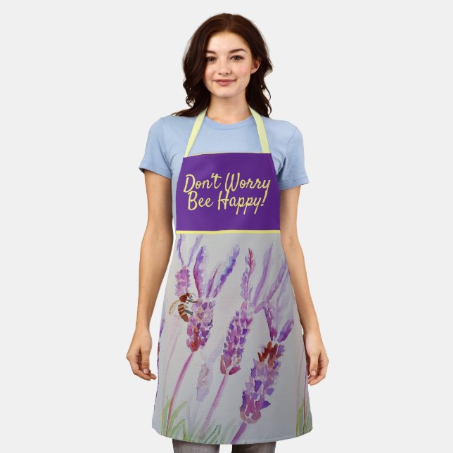 Lavender Purple Floral Art Don't Worry Bee Happy A Apron (Worn)