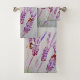 Lavender Purple Floral Art Don't Worry Bee Happy Bath Towel Set