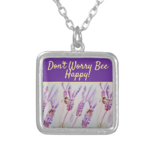 Lavender Purple Floral Art Don't Worry Bee Happy Silver Plated Necklace