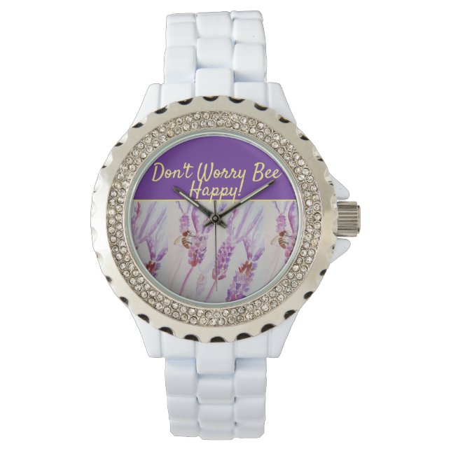 Lavender Purple Floral Art Don't Worry Bee Happy  Watch (Front)