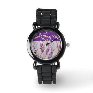 Lavender Purple Floral Art Don't Worry Bee Happy Watch