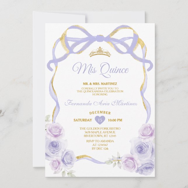 Lavender Purple Floral Bow Ribbon Gold Mis Quince Invitation (Front)