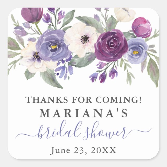 Lavender Purple Floral Bridal Shower Square Sticker (Front)