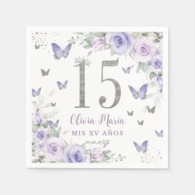 Lavender Purple Floral Butterflies Quinceañera 15 Napkin (Front)
