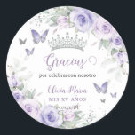Lavender Purple Floral Butterflies Quinceañera Classic Round Sticker<br><div class="desc">Personalize these pretty floral Quinceañera / Sweet 16 / Cincoañera birthday sticker labels easily and quickly. Simply click the customize it further button to edit the texts, change fonts and fonts colours. Featuring pretty pastel lavender purple flowers, delicate greenery and purple and silver butterflies. Matching items available in store. (c)...</div>