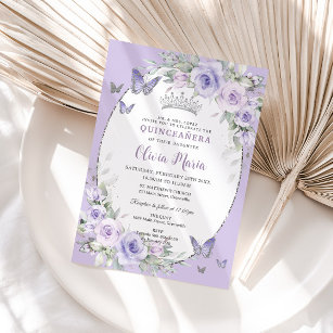 Lavender Purple Floral Butterflies Quinceañera Invitation