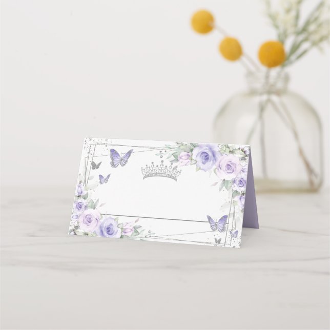 Lavender Purple Floral Butterflies Quinceañera Place Card (Back)