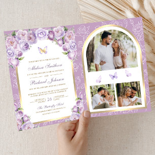 Lavender Purple Floral Gold Arch Butterfly Wedding Invitation