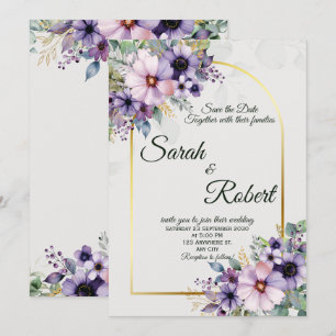 Lavender Purple Floral Gold Arch Wedding Invite