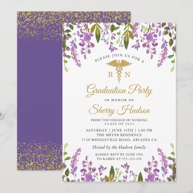 Lavender Purple Floral Gold RN Nursing Graduation Invitation (Front/Back)