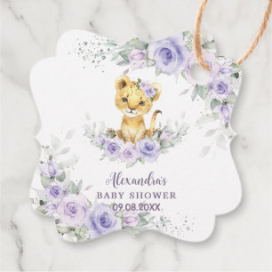 Lavender Purple Floral Lion Cub Baby Shower Favour Tags