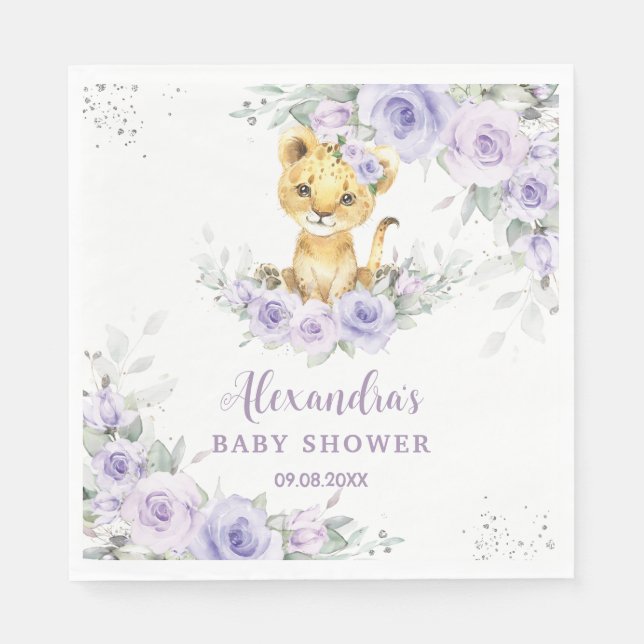 Lavender Purple Floral Lion Cub Baby Shower  Napkin (Front)