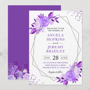 Lavender Purple Floral Modern Silver Frame Wedding Invitation