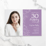 Lavender Purple Floral Photo 30th Birthday Invitation<br><div class="desc">Floral lavender purple 30th birthday party invitation with your photo on the front of the card. Elegant modern design featuring botanical outline drawings accents and typography script font. Simple trendy invite card perfect for a stylish female bday celebration. Can be customized to any age. Printed Zazzle invitations or instant download...</div>