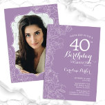 Lavender Purple Floral Photo 40th Birthday Party Invitation<br><div class="desc">Lavender purple floral 40th Birthday party invitation with your photo at the back of the card. Elegant modern design featuring botanical outline drawings accents and typography script font. Simple trendy invite card perfect for a stylish female bday celebration. Can be customized to any age. Printed Zazzle invitations or instant download...</div>