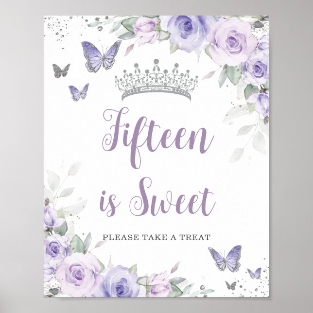 Lavender Purple Floral Quinceañera Treat Favour Poster (Front)