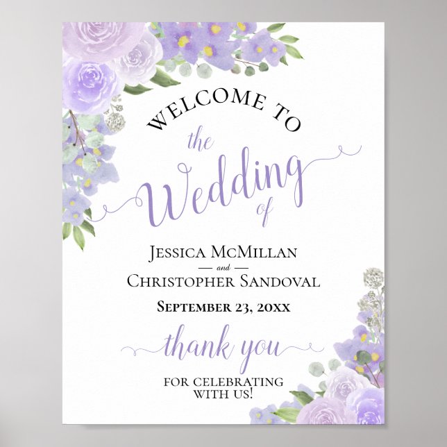 Lavender Purple Floral Rustic Wedding Welcome Sign (Front)
