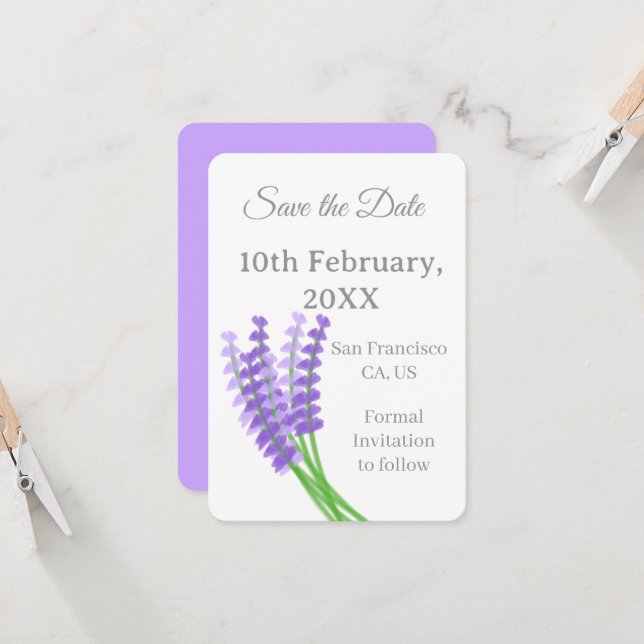 Lavender Purple Floral Save the Date Invitation (Front/Back In Situ)