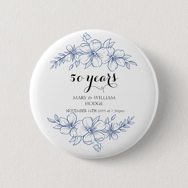 Lavender purple florals 50th wedding anniversary 2 inch round button (Front)