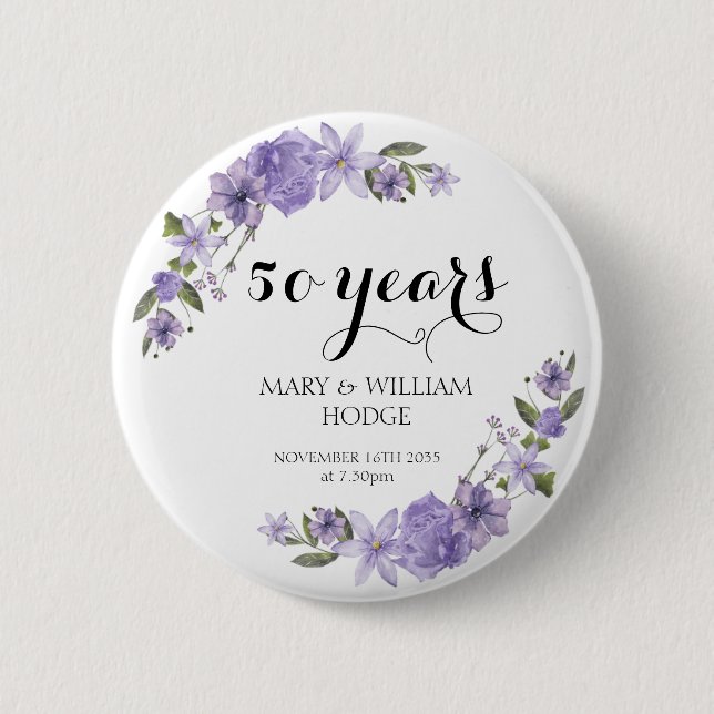 Lavender purple florals 50th wedding anniversary 2 inch round button (Front)