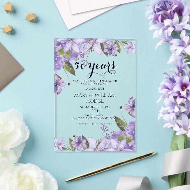 Lavender purple florals 50th wedding anniversary acrylic invitations (Insitu (Wedding))