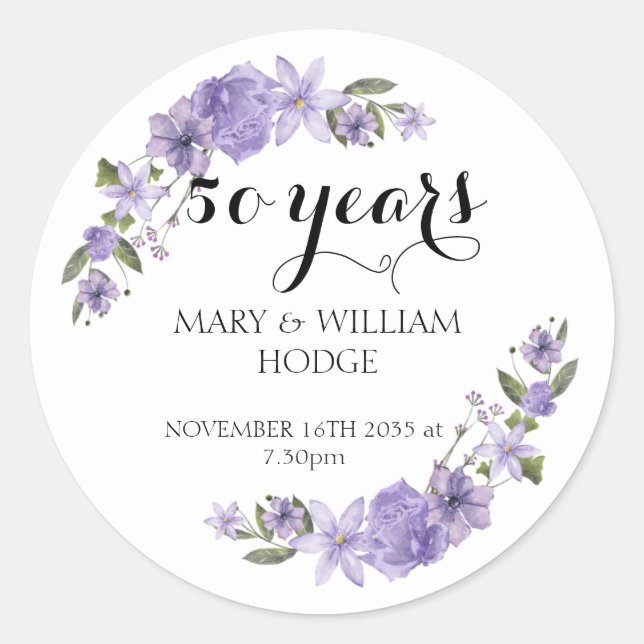 Lavender purple florals 50th wedding anniversary classic round sticker (Front)
