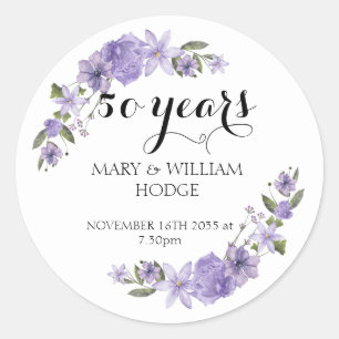Lavender purple florals 50th wedding anniversary classic round sticker