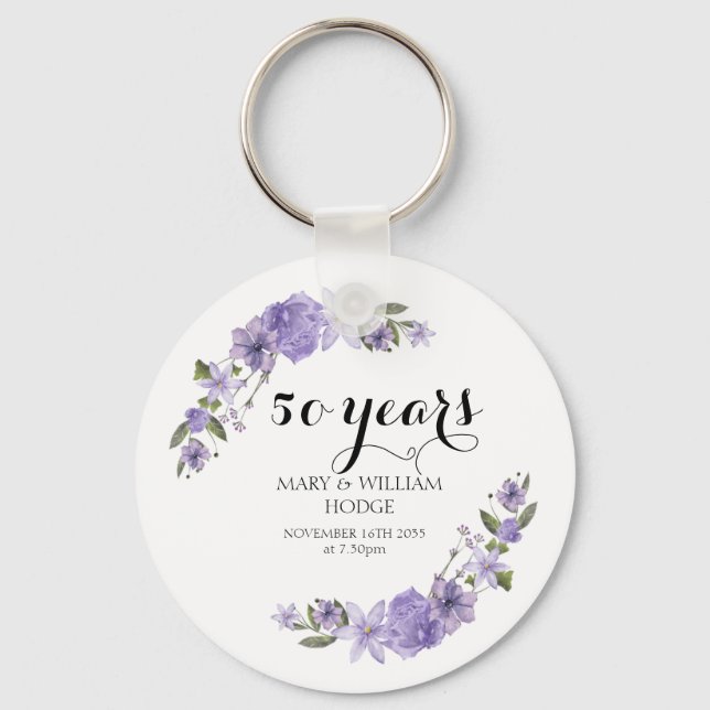Lavender purple florals 50th wedding anniversary keychain (Front)