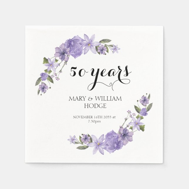 Lavender purple florals 50th wedding anniversary napkin (Front)
