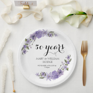 Lavender purple florals 50th wedding anniversary paper plate