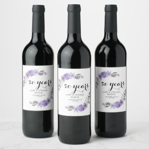 Lavender purple florals 50th wedding anniversary wine label