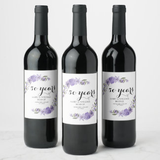 Lavender purple florals 50th wedding anniversary wine label