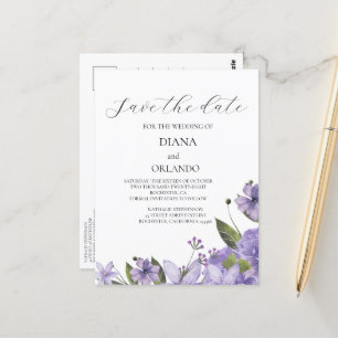 Lavender purple florals   save the date postcard