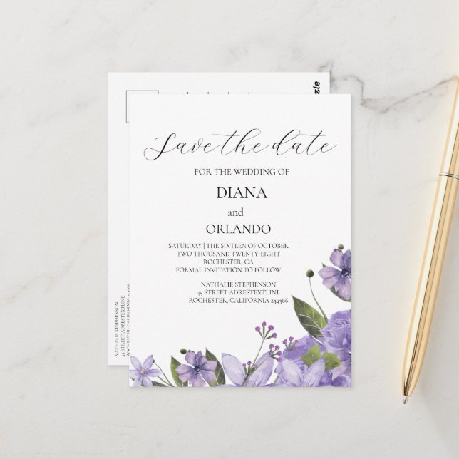 Lavender purple florals   save the date postcard (Front/Back In Situ)