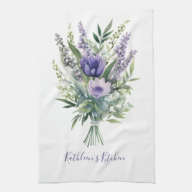 Lavender Purple Flower Greenery Floral Bouquet Kitchen Towel (Vertical)