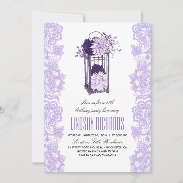 Lavender Purple Flowers Lantern Birthday Party Invitation (Front)