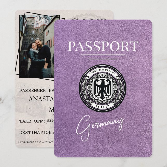 Lavender Purple Germany Passport Save The Date (Front/Back)